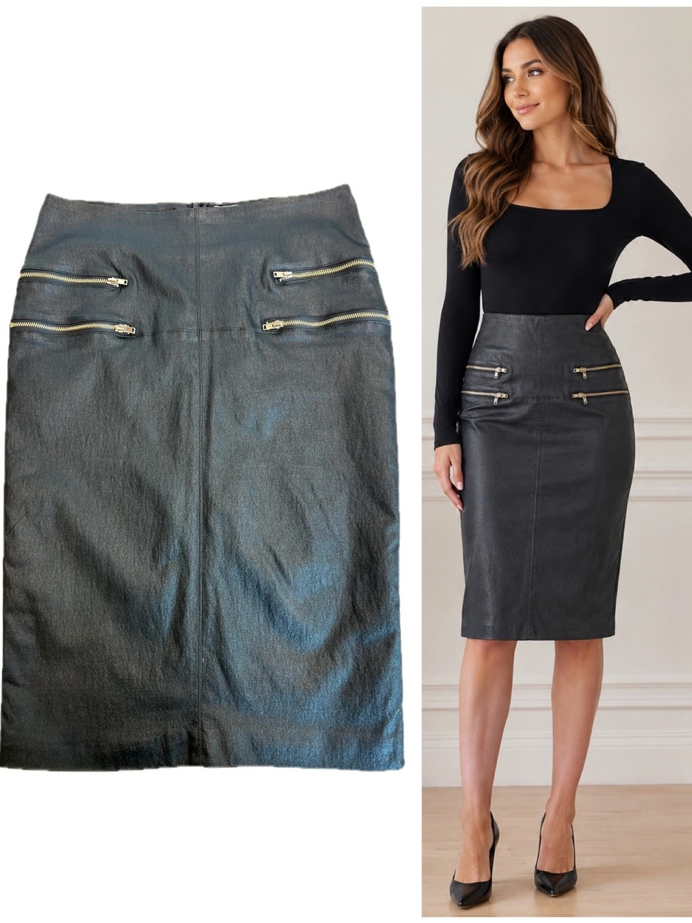 Mustard Seed Black Coated Pencil Skirt Gold Zipper Detail Sz L faux leather